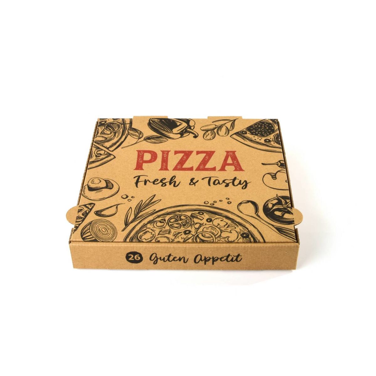 Plock Pizzakarton, naturbraun mit Design 26x26x4 cm (LxBxH); braun; 100 Stück / Pack