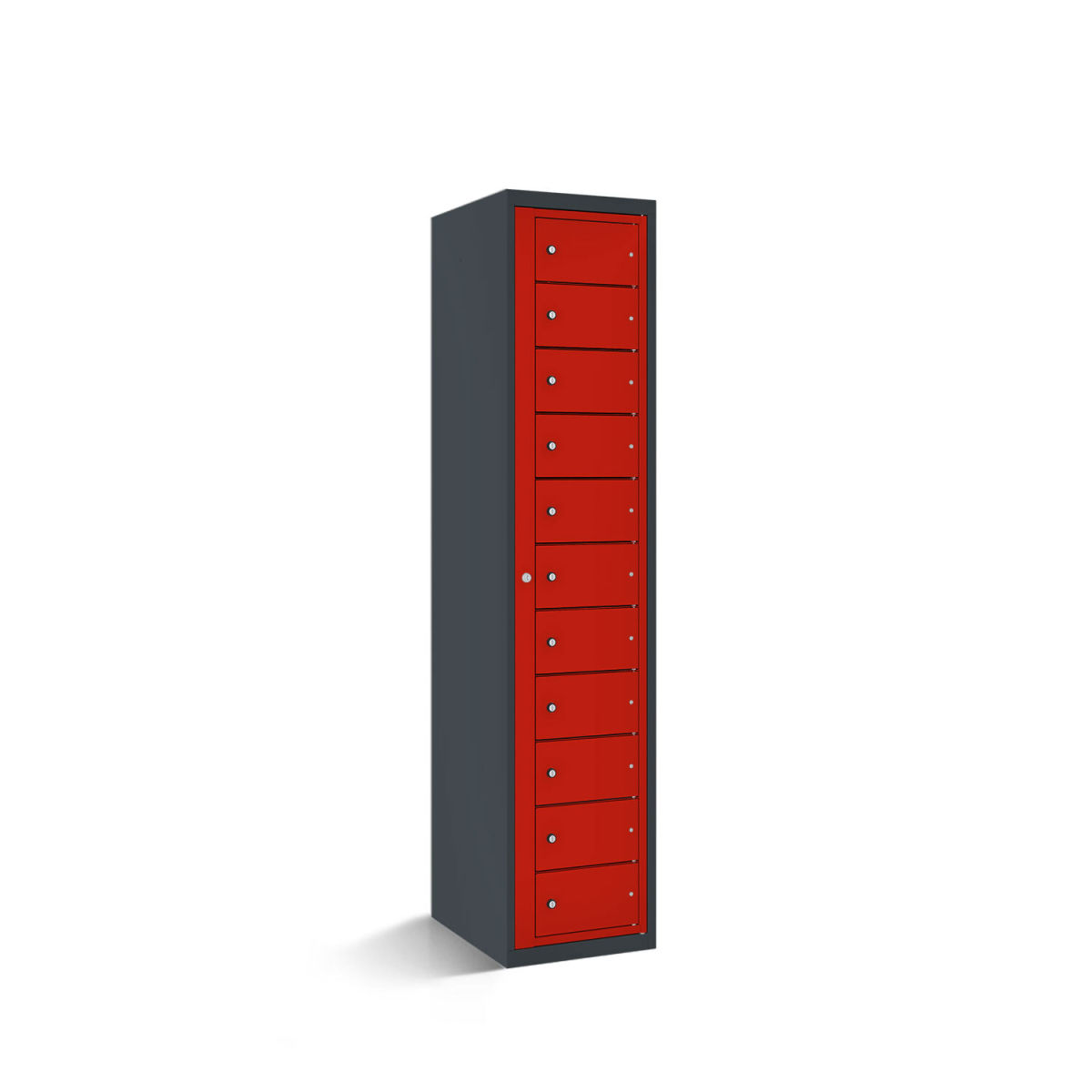 rotstahl Fächerschrank mit Zentraltür 11 Fächer mit anthrazitgrauem Korpus 40x50x180 cm (BxTxH); rot