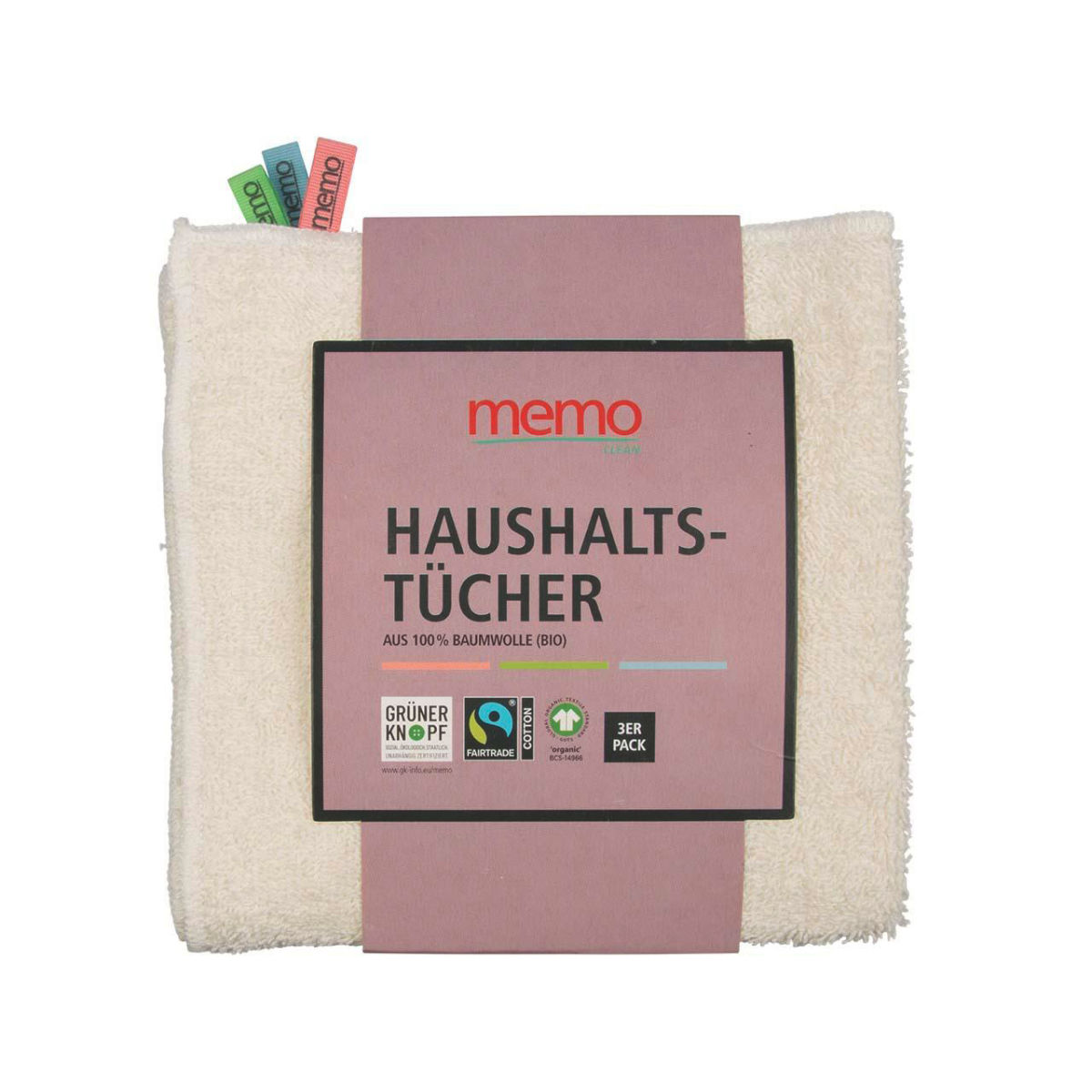 memo 3er-Pack memo Haushaltsreinigungstuch mit Farbfähnchen; 30x30 cm (LxB); natur; 3 Stück / Pack