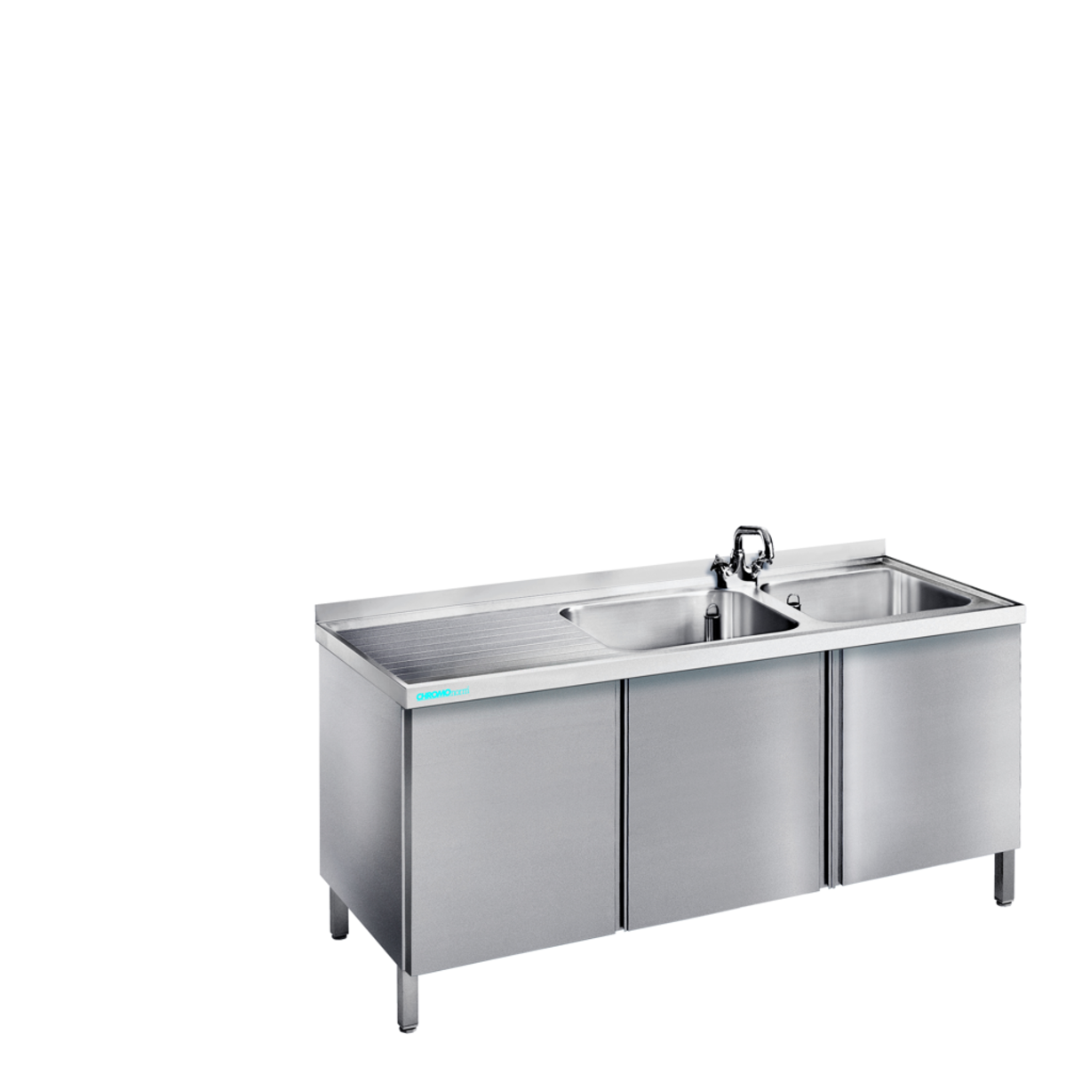 CHROMOnorm Spültisch mit 2 Becken rechts und Flügeltüren 150x90x60 cm (BxHxT); grau