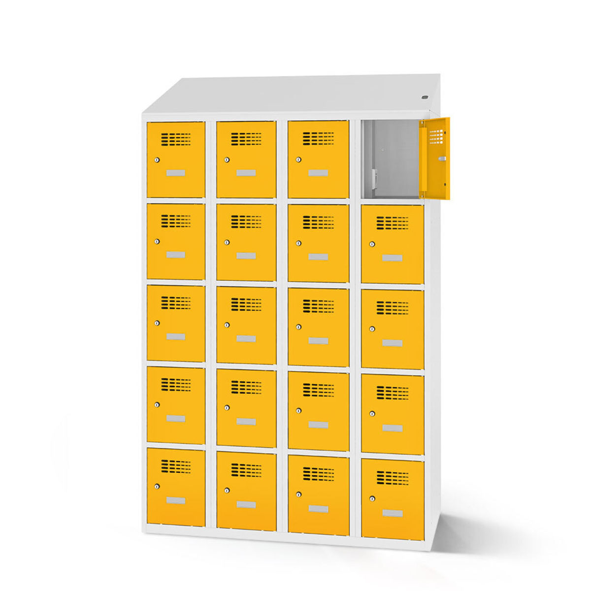 rotstahl Fächerschrank mit Ladefunktion 20 Fächer mit lichtgrauem Korpus 120x200 cm (BxH); gelb