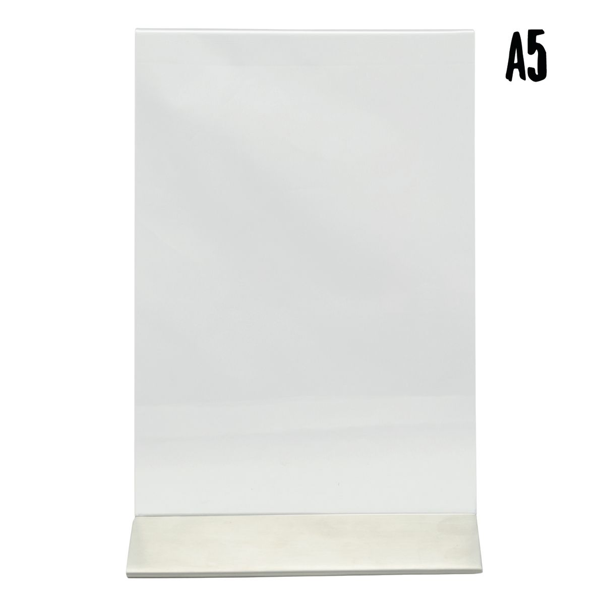 Porta-poster trasparente A5 - Verticale - Acrilico - Base in acciaio inox - Doppia faccia Securit; 7x15x23 cm (LxLxH); argento