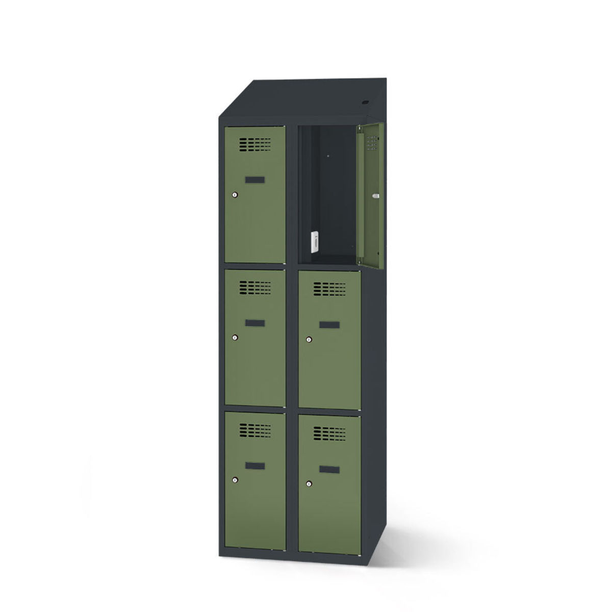rotstahl Fächerschrank mit Ladefunktion 6 Fächer mit anthrazitgrauem Korpus 60x200 cm (BxH); hellgrün