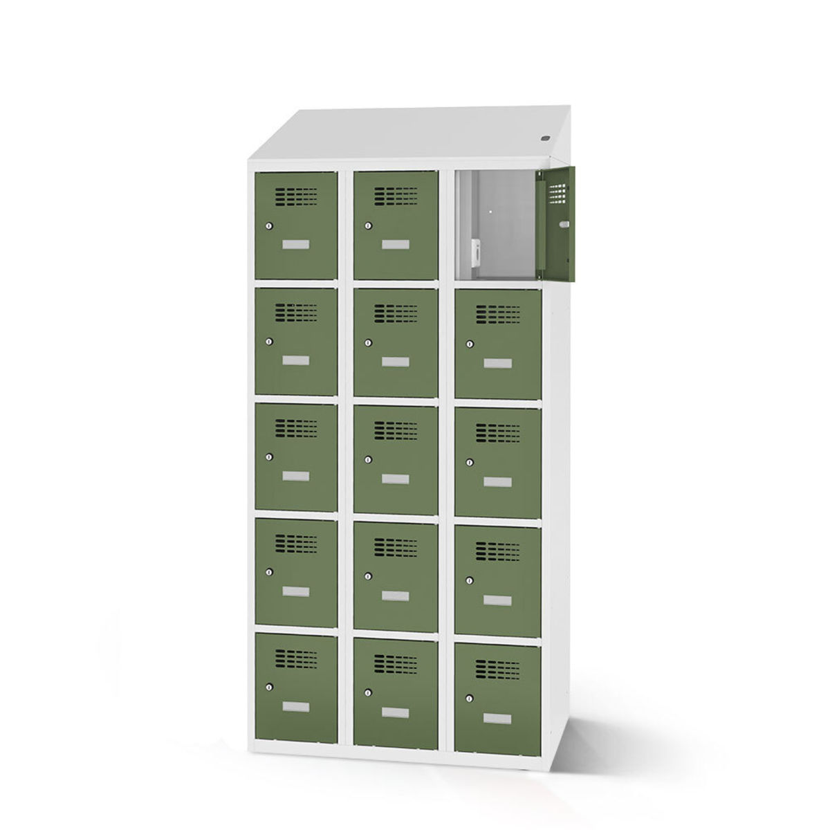 rotstahl Fächerschrank mit Ladefunktion 15 Fächer mit lichtgrauem Korpus 120x200 cm (BxH); hellgrün