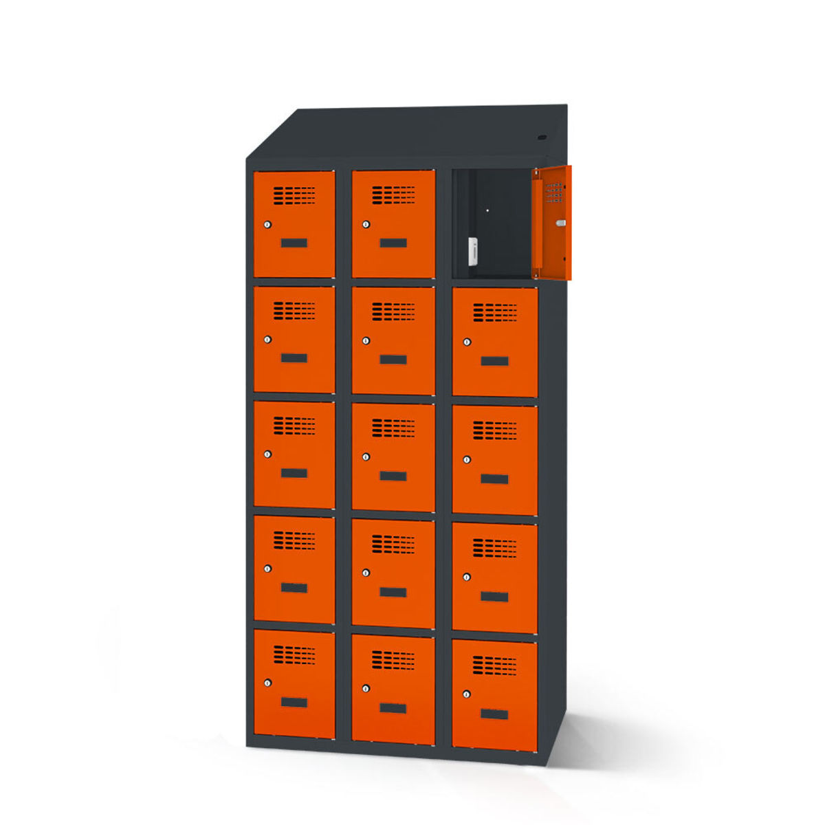 rotstahl Fächerschrank mit Ladefunktion 15 Fächer mit anthrazitgrauem Korpus 120x200 cm (BxH); orange