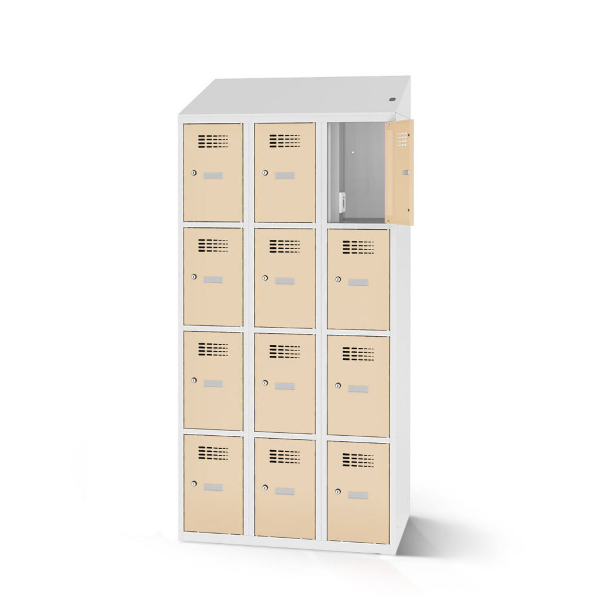 rotstahl Fächerschrank mit Ladefunktion 12 Fächer 3x4 mit lichtgrauem Korpus 90x200 cm (BxH); elfenbein