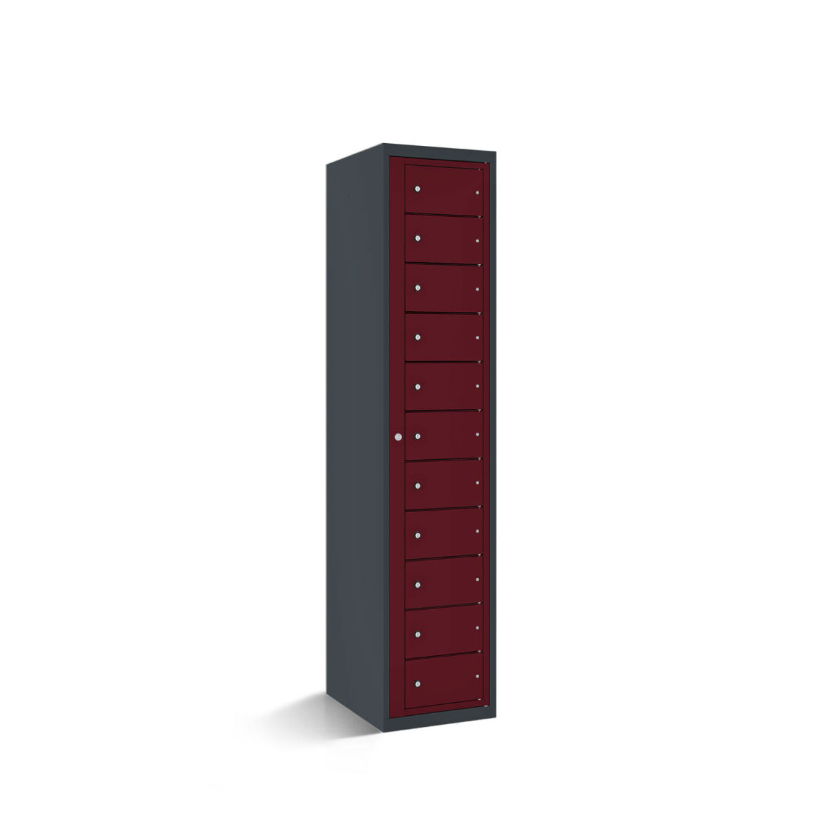 rotstahl Fächerschrank mit Zentraltür 11 Fächer mit anthrazitgrauem Korpus 40x50x180 cm (BxTxH); bordeaux