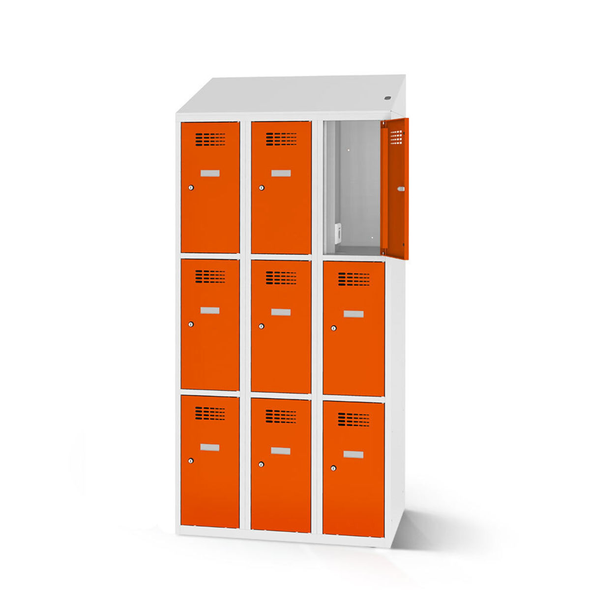 rotstahl Fächerschrank mit Ladefunktion 9 Fächer mit lichtgrauem Korpus 120x200 cm (BxH); orange