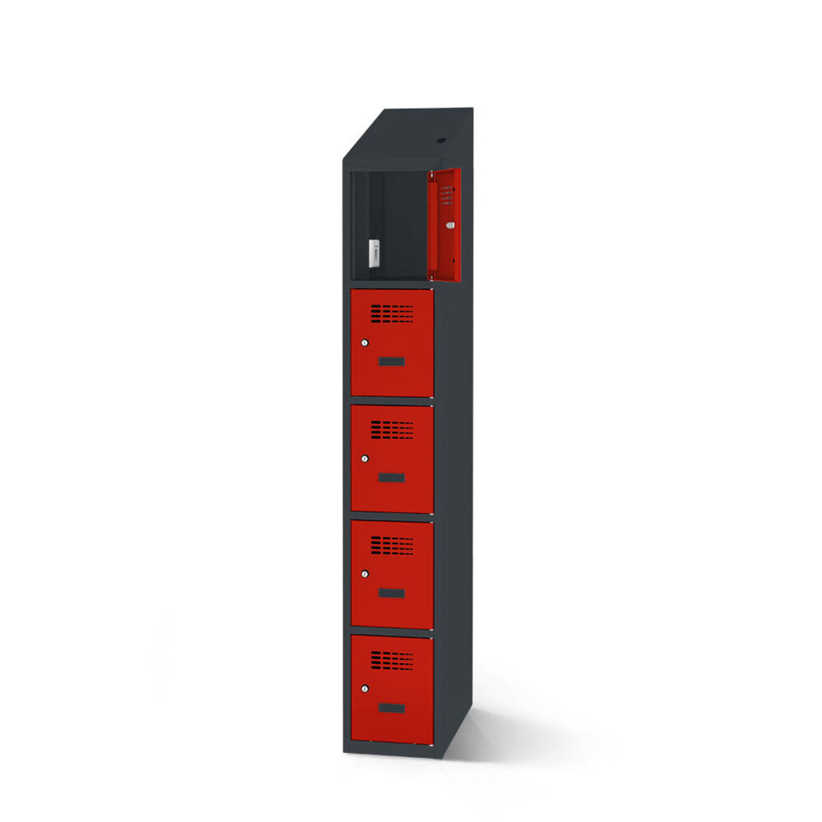 rotstahl Fächerschrank mit Ladefunktion 5 Fächer mit anthrazitgrauem Korpus 40x200 cm (BxH); rot