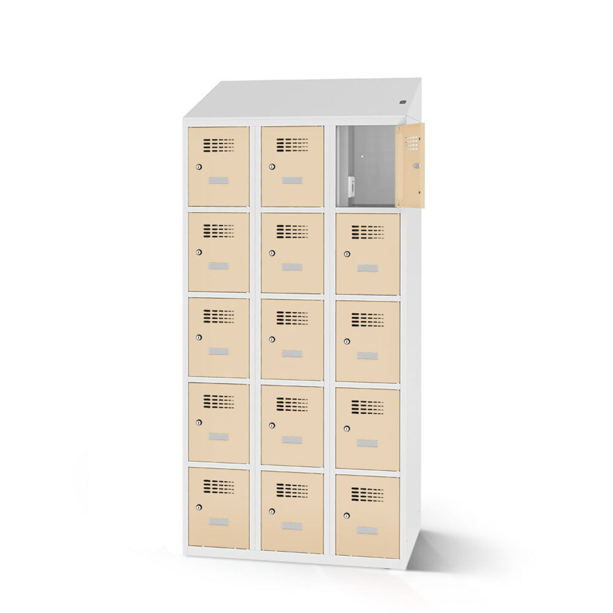 rotstahl Fächerschrank mit Ladefunktion 15 Fächer mit lichtgrauem Korpus 90x200 cm (BxH); elfenbein