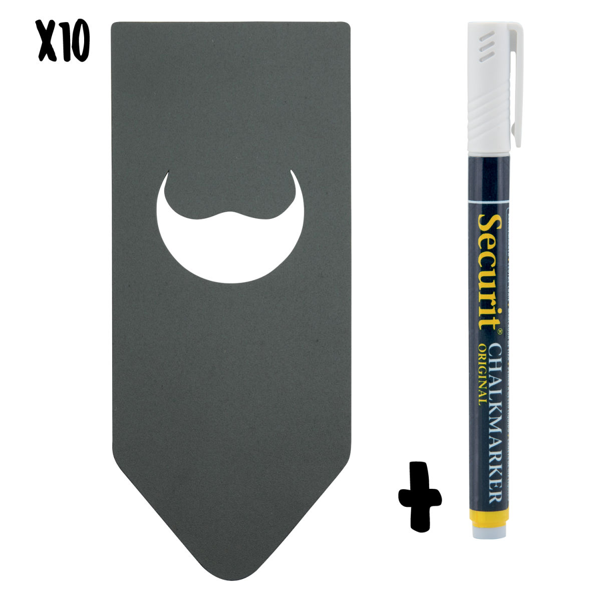 Set di 10 Etichette Lavagna per Bottiglia - Nero - Gancio per collo bottiglia rettangolare - Doppia faccia Securit; 6.5x15 cm (LxH); nero