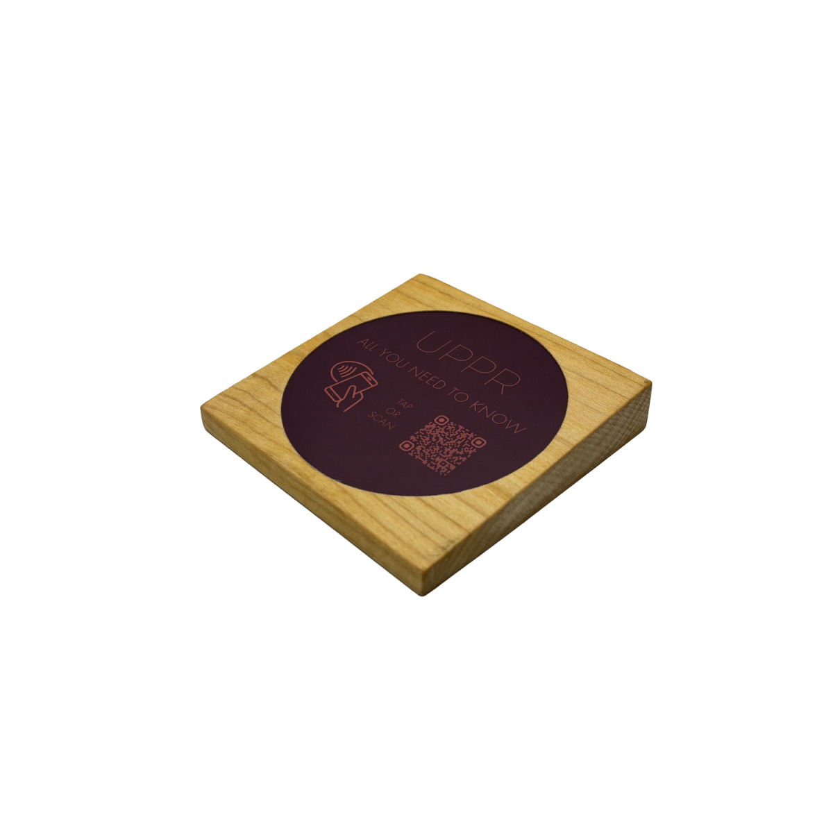 PRODUCTMATE Tischaufsteller liegend schräg mit QR-Code Aufkleber glänzend und NFC-Chip 8.5x8.5 cm (BxH); ahorn/hellbraun; 25 Stück / Pack
