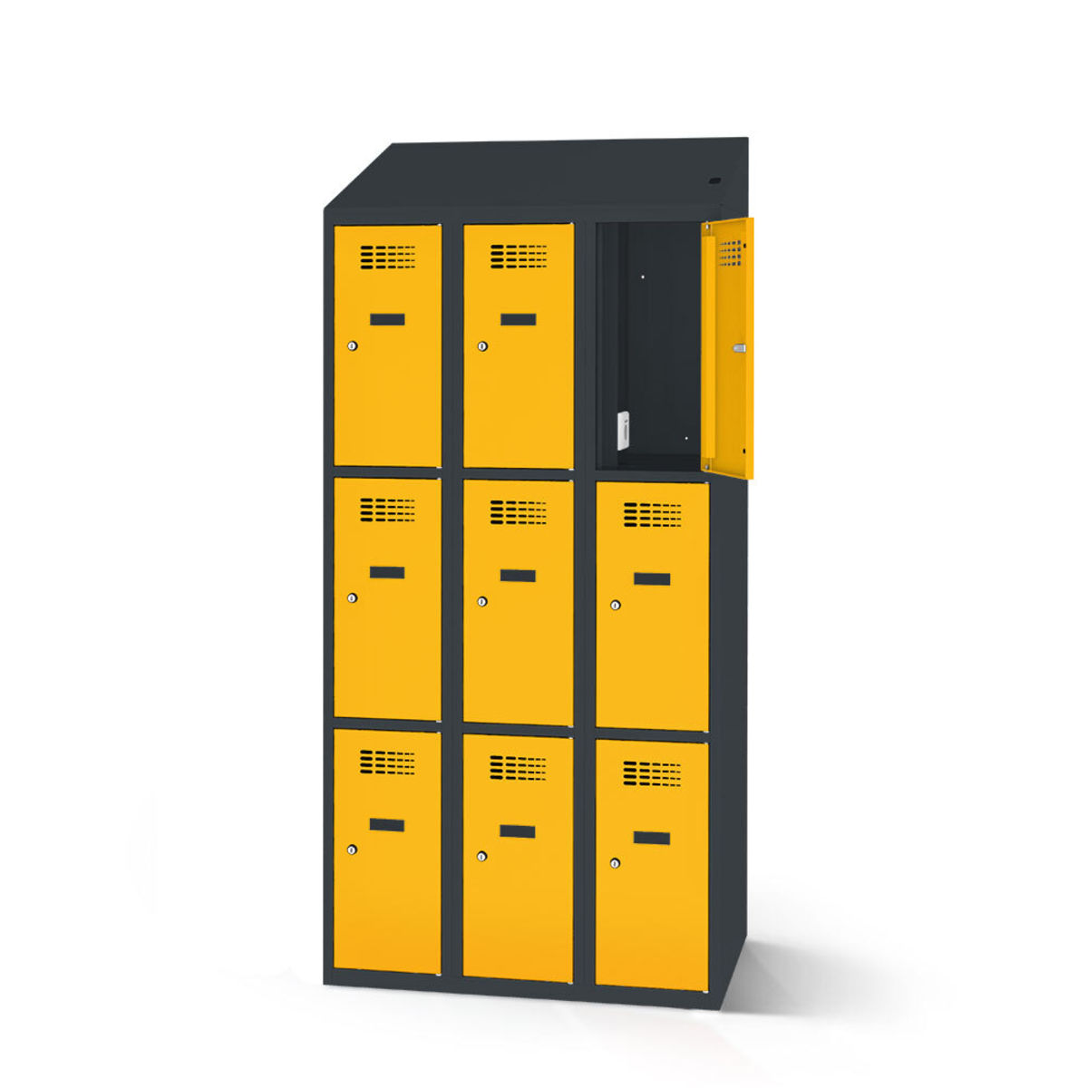 rotstahl Fächerschrank mit Ladefunktion 9 Fächer mit anthrazitgrauem Korpus 90x200 cm (BxH); gelb