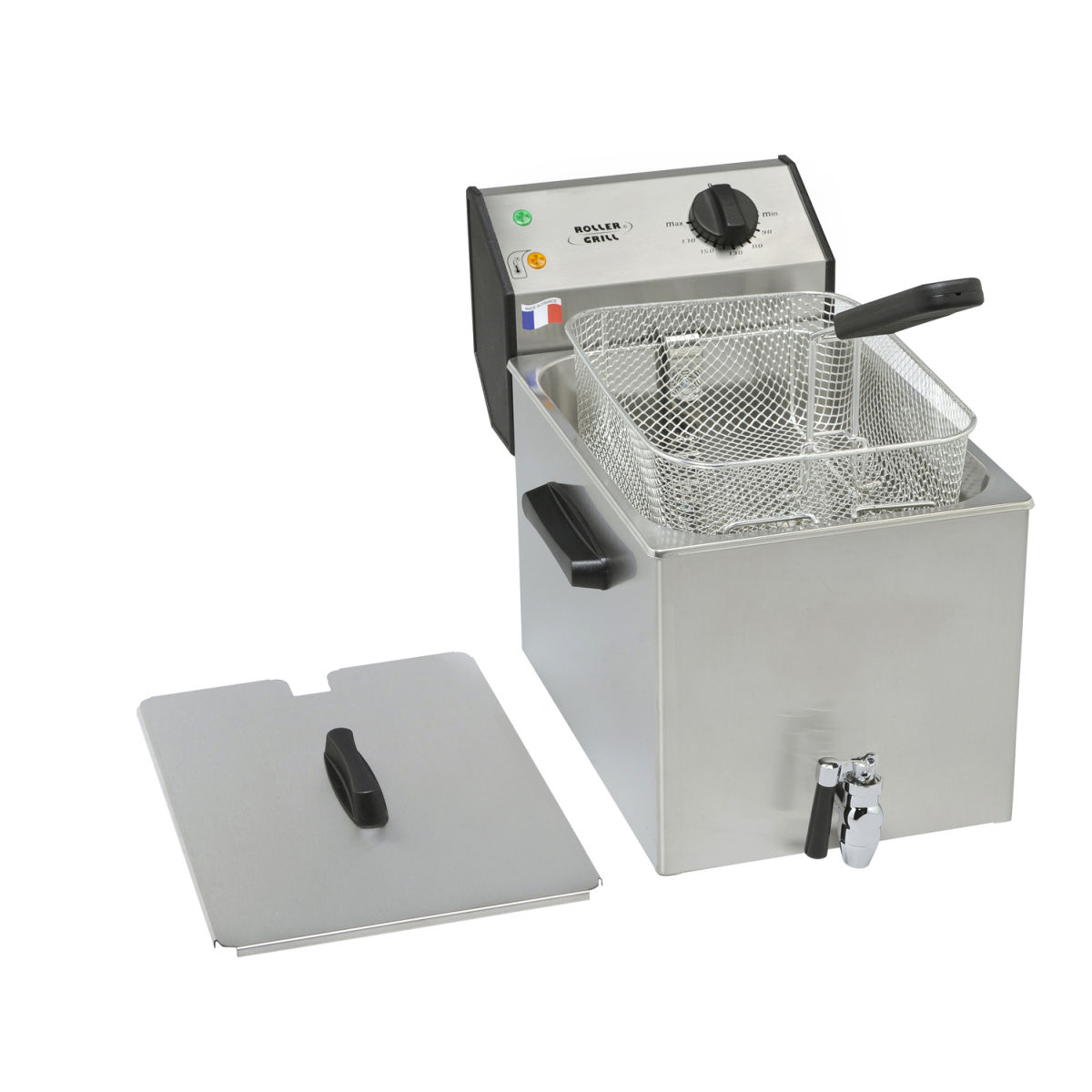 Roller Grill Fritteuse mit Ablasshahn, mit Ablasshahn, 8 Liter 8 l, 26.5x45x36 cm (BxTxH); silber