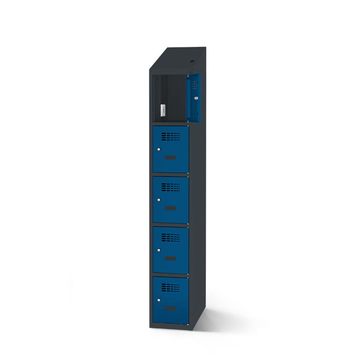 rotstahl Fächerschrank mit Ladefunktion 5 Fächer mit anthrazitgrauem Korpus 40x200 cm (BxH); dunkelblau