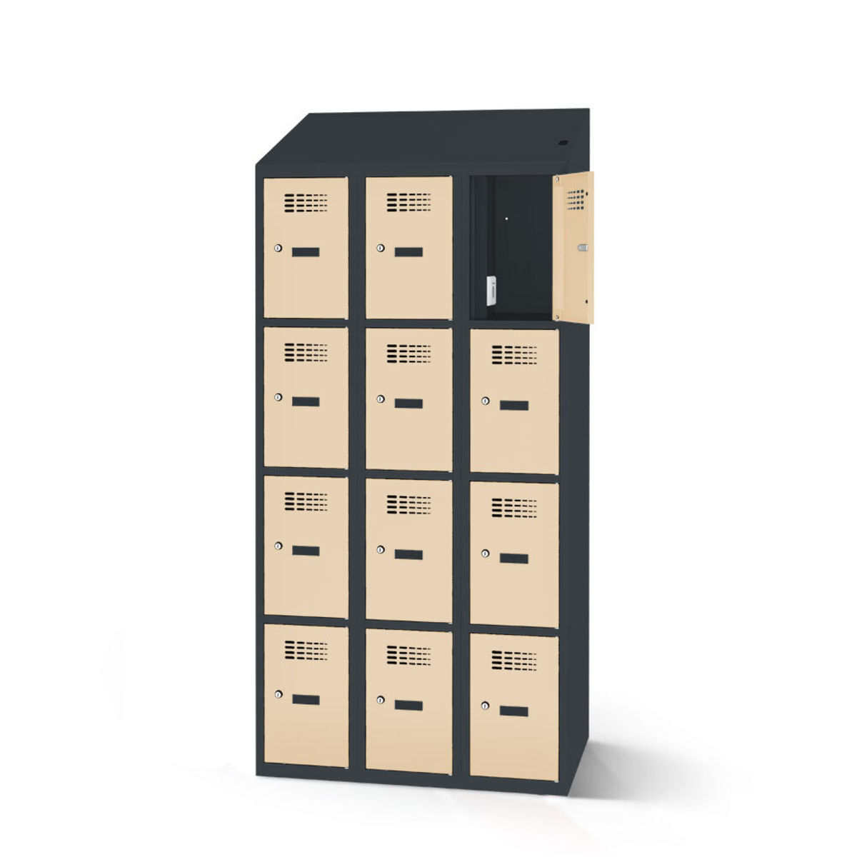 rotstahl Fächerschrank mit Ladefunktion 12 Fächer 3x4 mit anthrazitgrauem Korpus 90x200 cm (BxH); elfenbein