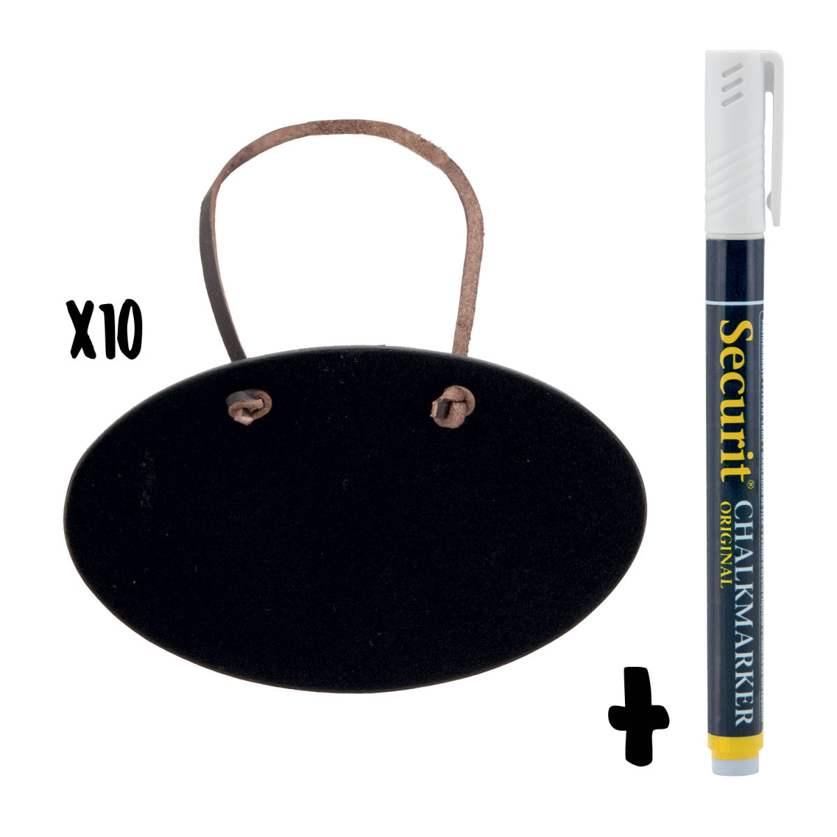 Set di 6 Etichette Lavagna per Bottiglia - Nero - Gancio per collo bottiglia ovale - Doppia faccia - Cordino in pelle e pennarello gesso inclusi Securit; 8.5x5 cm (LxH); nero