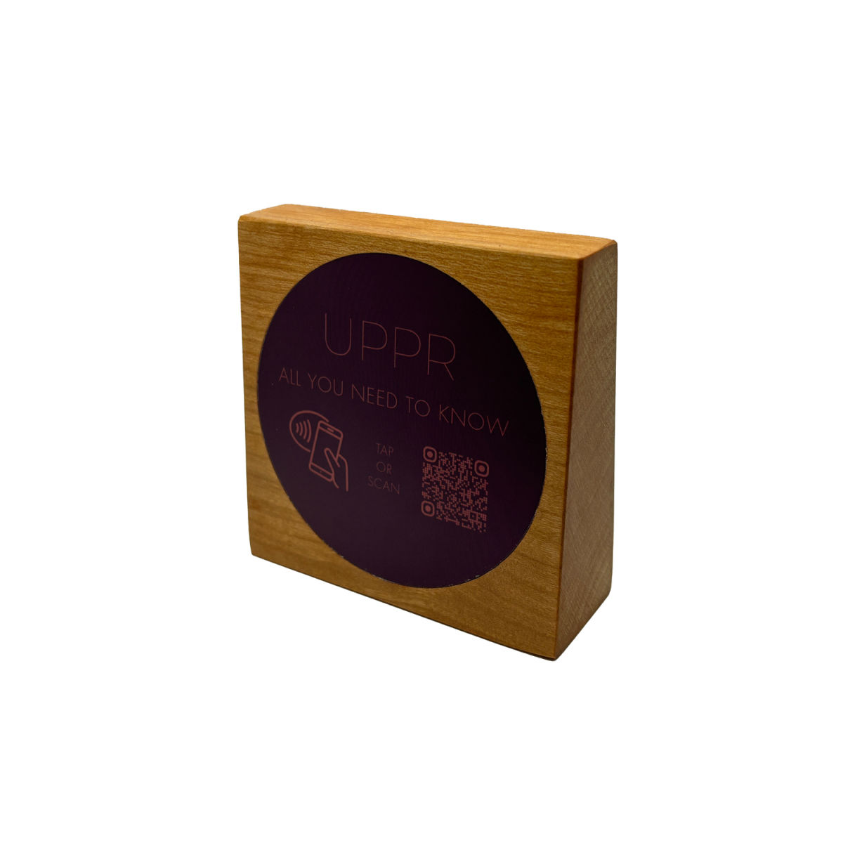 PRODUCTMATE Tischaufsteller stehend mit QR-Code Aufkleber matt und NFC-Chip 11x11 cm (BxH); kirschbaum antik/braun antik; 25 Stück / Pack