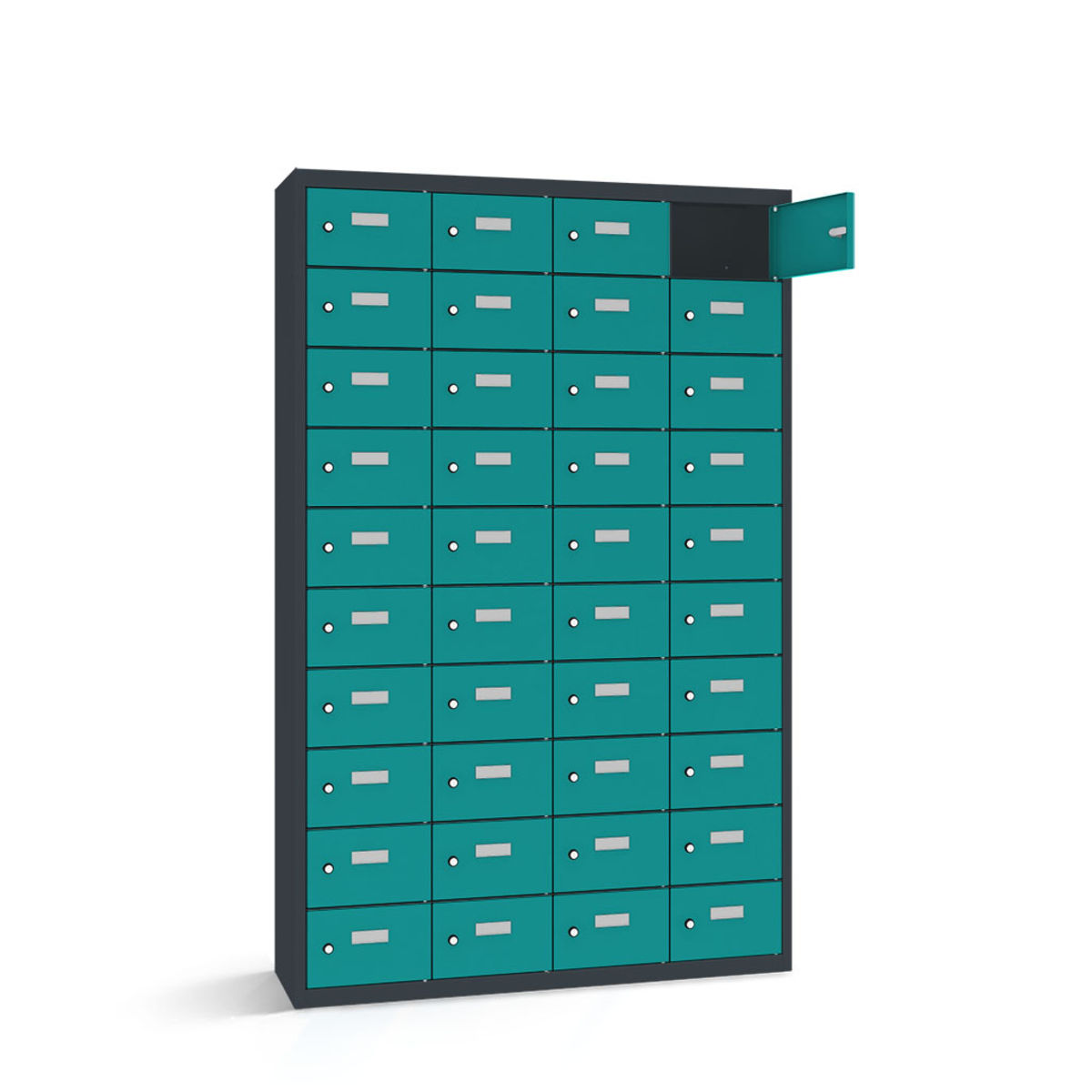 rotstahl Wertfachschrank 40 Fächer mit anthrazitgrauem Korpus 115x50x180 cm (BxTxH); türkis