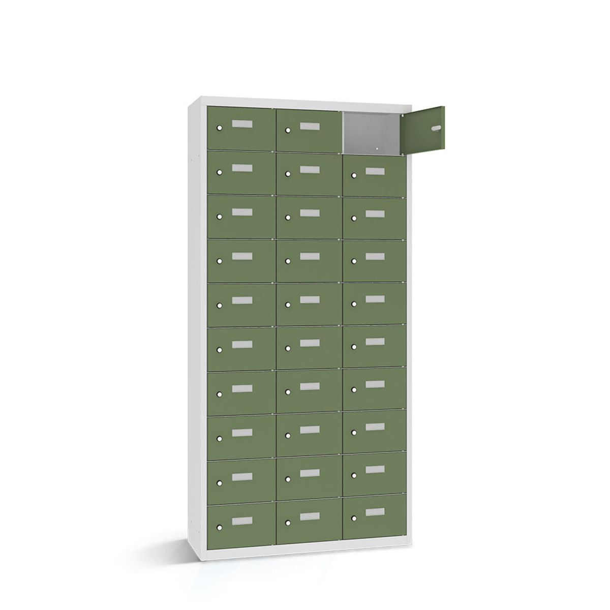 rotstahl Wertfachschrank 30 Fächer mit lichtgrauem Korpus 87.5x30x180 cm (BxTxH); hellgrün