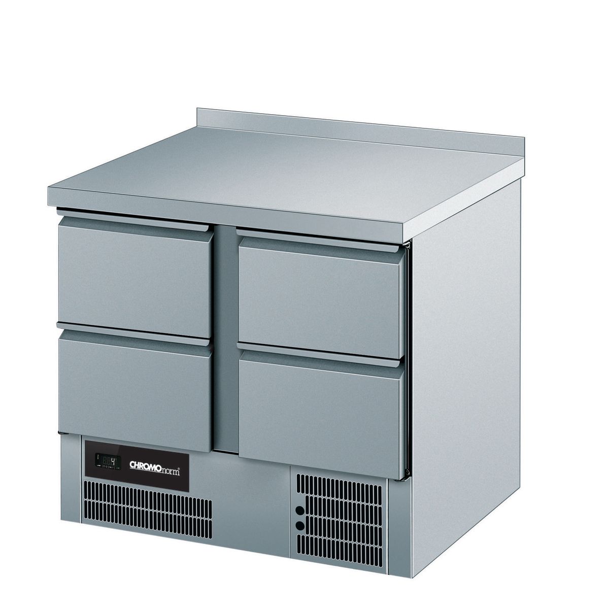 CHROMOnorm Kühltisch BR 795, GN 1/1, 4 Züge 1/2, mit Tischplatte Hinten Aufgekantet 92 ml, 95x85x70 cm (BxHxT); grau
