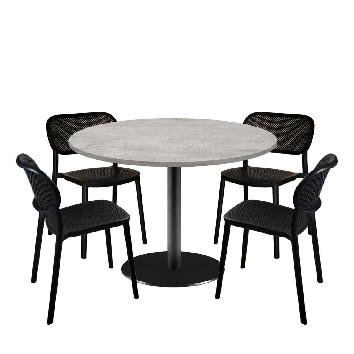 RestooTab Esstisch-Set Rome XL mit 4 Stühlen - Dekor Stein 120x120x75x120 cm (LxBxHxØ); grau/beton; Gestell schwarz; rund