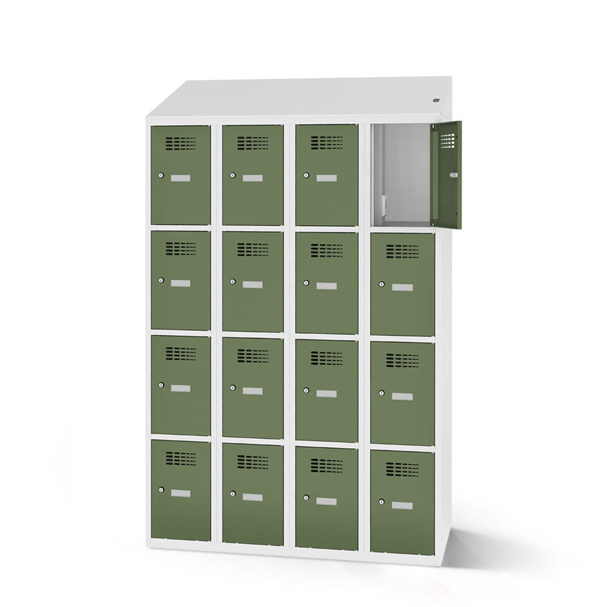 rotstahl Fächerschrank mit Ladefunktion 16 Fächer mit lichtgrauem Korpus 120x200 cm (BxH); hellgrün