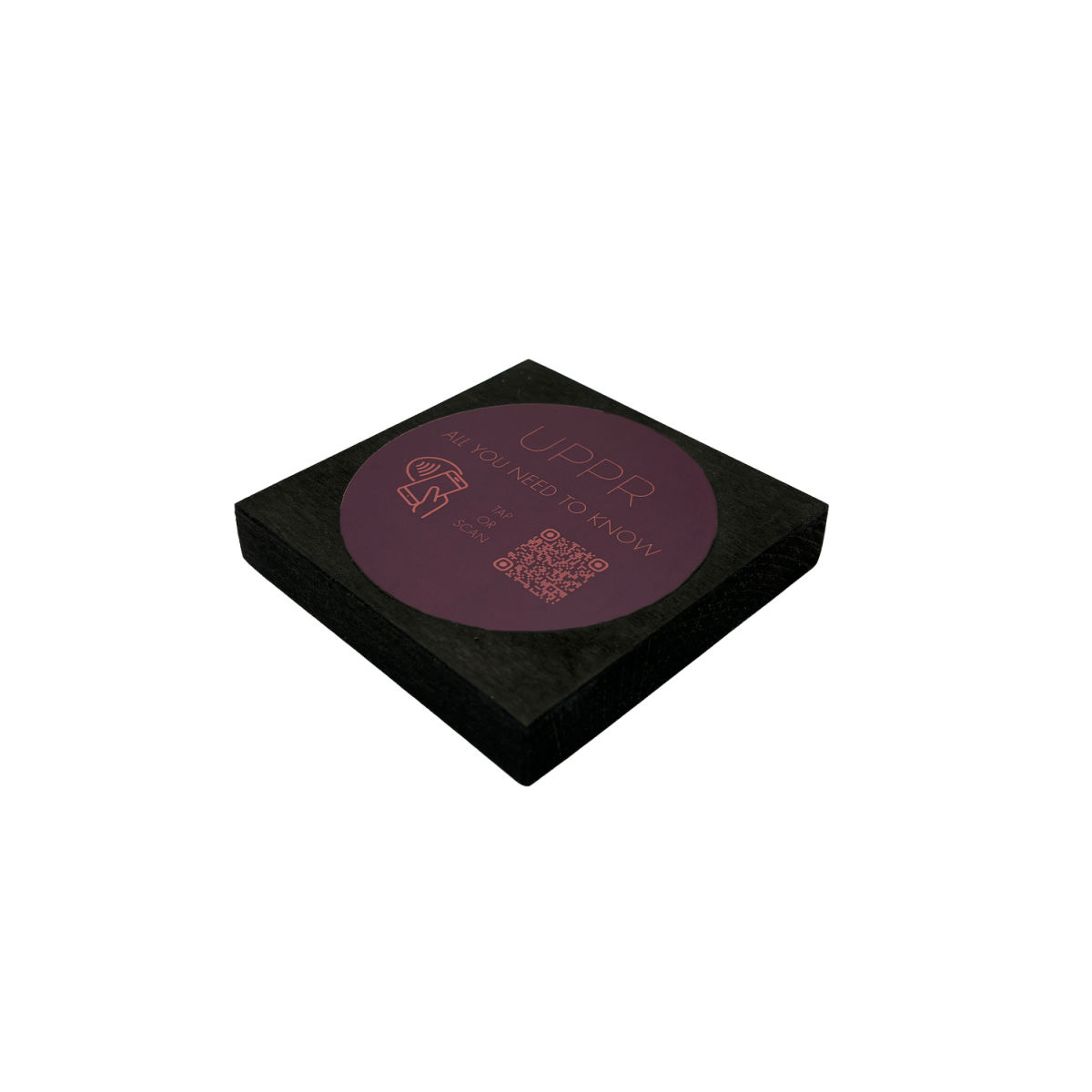 PRODUCTMATE Tischaufsteller liegend schräg mit QR-Code Aufkleber glänzend und NFC-Chip 8.5x8.5 cm (BxH); buche/schwarz; 25 Stück / Pack
