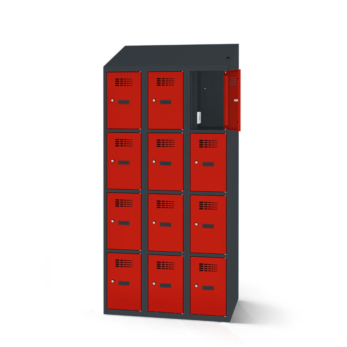 rotstahl Fächerschrank mit Ladefunktion 12 Fächer 3x4 mit anthrazitgrauem Korpus 120x200 cm (BxH); rot