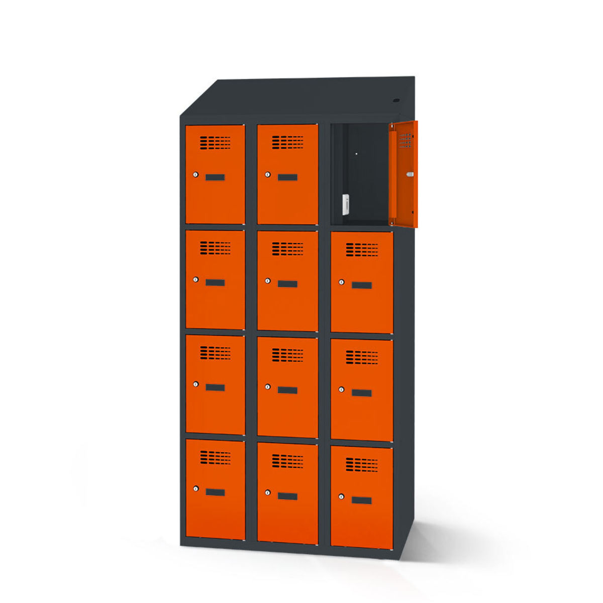 rotstahl Fächerschrank mit Ladefunktion 12 Fächer 3x4 mit anthrazitgrauem Korpus 120x200 cm (BxH); orange