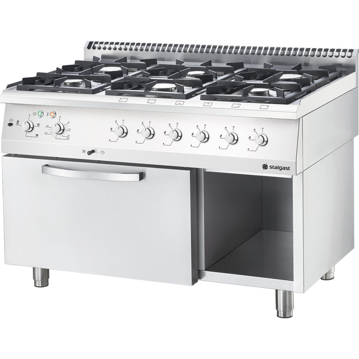 Stalgast Edelstahl Gasherd Basic mit 6 Brennern (6x3,5), Elektro-Umluft-Backofen GN1/1 und Regalfach, Serie 700 ND 120x70x85 cm (BxTxH); silber