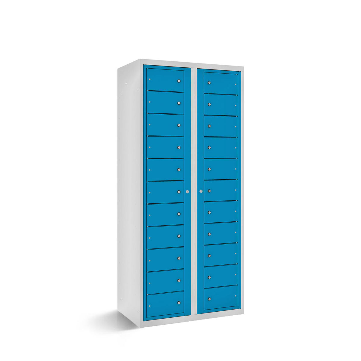 rotstahl Fächerschrank mit Zentraltüren 22 Fächer mit lichtgrauem Korpus 80x50x180 cm (BxTxH); blau