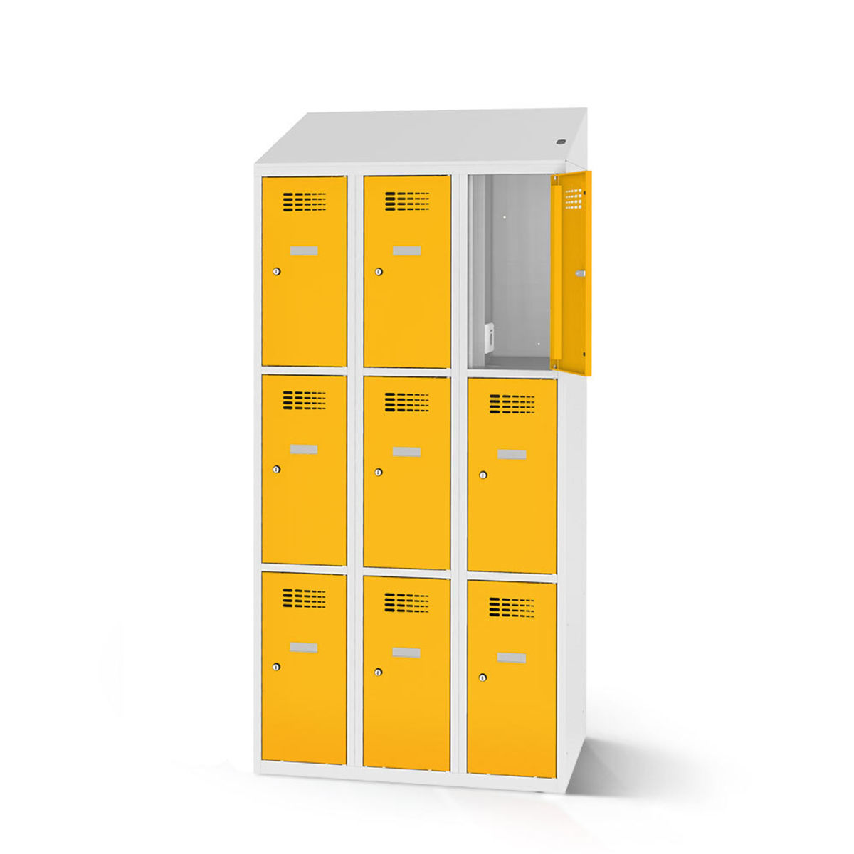 rotstahl Fächerschrank mit Ladefunktion 9 Fächer mit lichtgrauem Korpus 120x200 cm (BxH); gelb