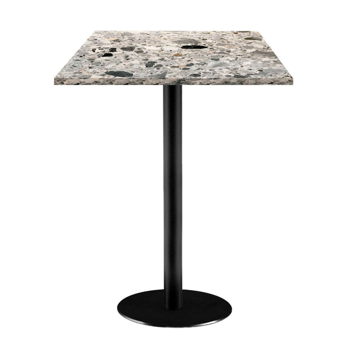 RestooTab Stehtisch Rome quadratisch - Dekor Stein 60x60x113 cm (LxBxH); Platte grau/terrazzo, Gestell schwarz; quadratisch