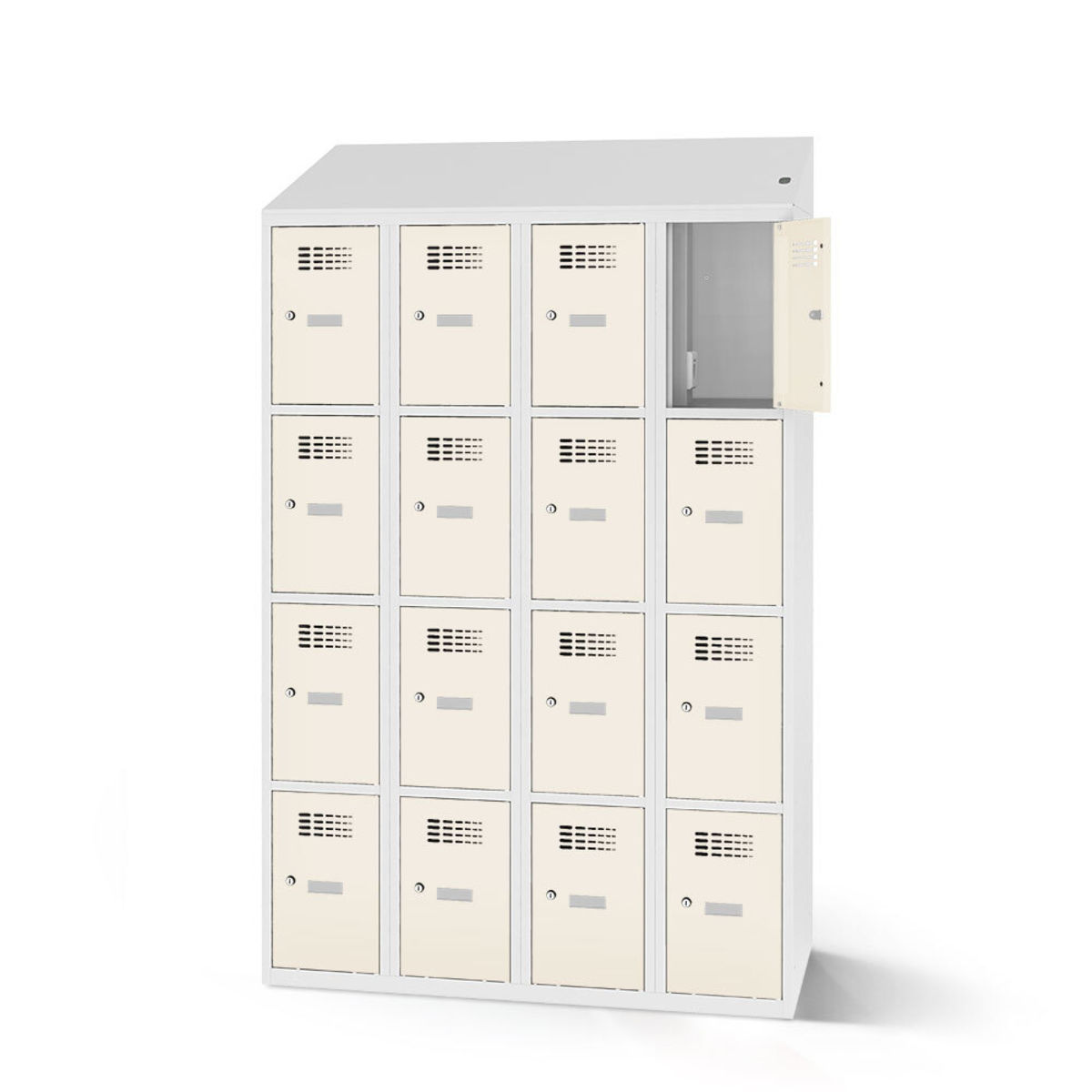 rotstahl Fächerschrank mit Ladefunktion 16 Fächer mit lichtgrauem Korpus 120x200 cm (BxH); weiß