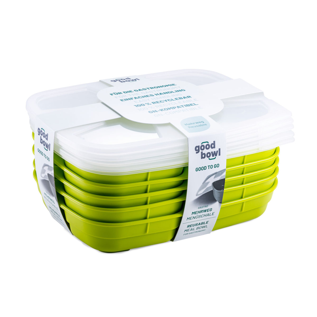 thermohauser Mehrweg-Menübehälter GoodBowl Trio 1020 ml, 24.7x18.5x5.05x5 cm (LxBxØxH); apfelgrün; rechteckig; 5 Stück / Pack