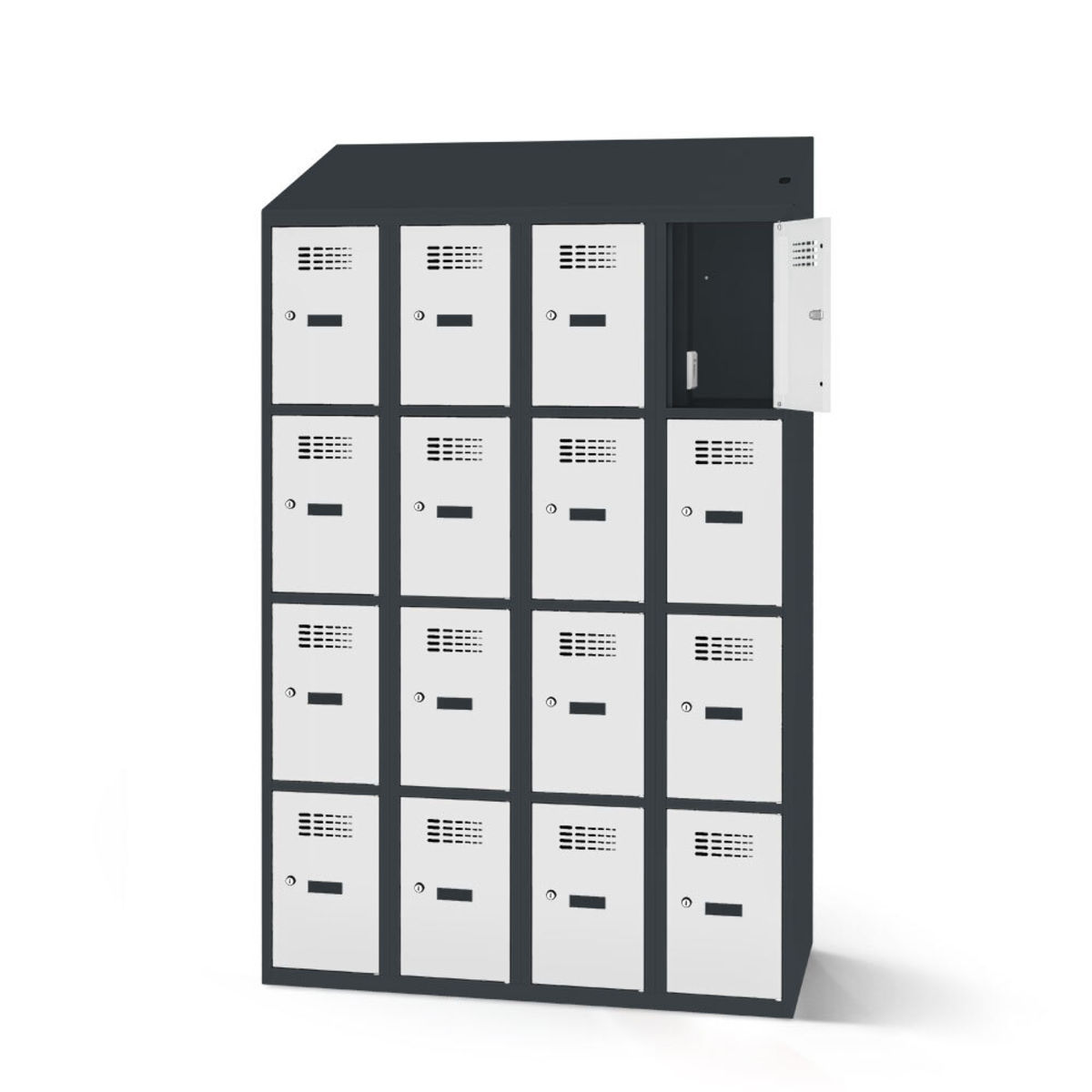rotstahl Fächerschrank mit Ladefunktion 16 Fächer mit anthrazitgrauem Korpus 120x200 cm (BxH); hellgrau