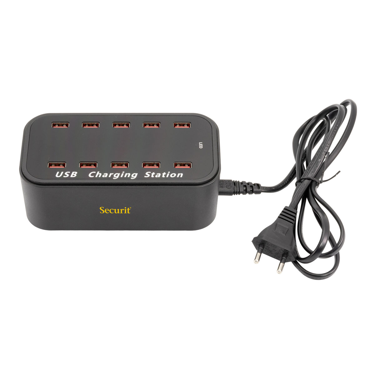 Multi-caricatore - Carica simultaneamente 10 dispositivi tramite USB - Presa AC standard inclusa Securit; 16x8.5x7.5 cm (LxLxH); nero