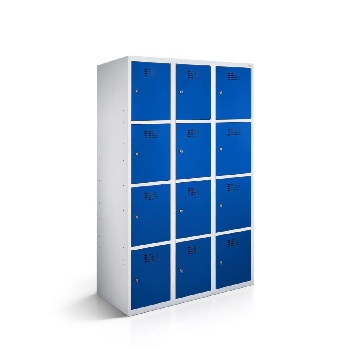 rotstahl Fächerschrank 12 Fächer 3x4 mit lichtgrauem Korpus 120x50x180 cm (BxTxH); dunkelblau