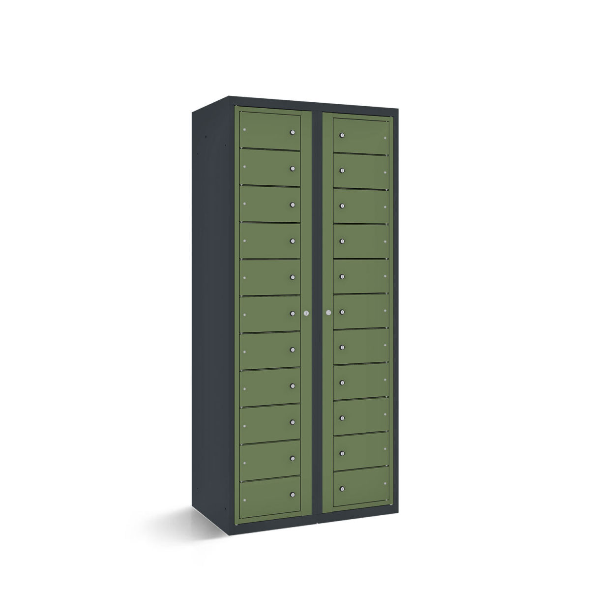 rotstahl Fächerschrank mit Zentraltüren 22 Fächer mit anthrazitgrauem Korpus 80x50x180 cm (BxTxH); hellgrün