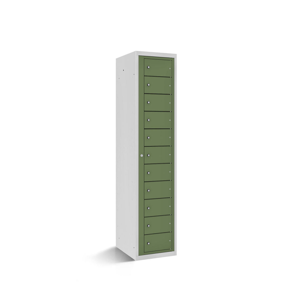 rotstahl Fächerschrank mit Zentraltür 11 Fächer mit lichtgrauem Korpus 40x50x180 cm (BxTxH); hellgrün