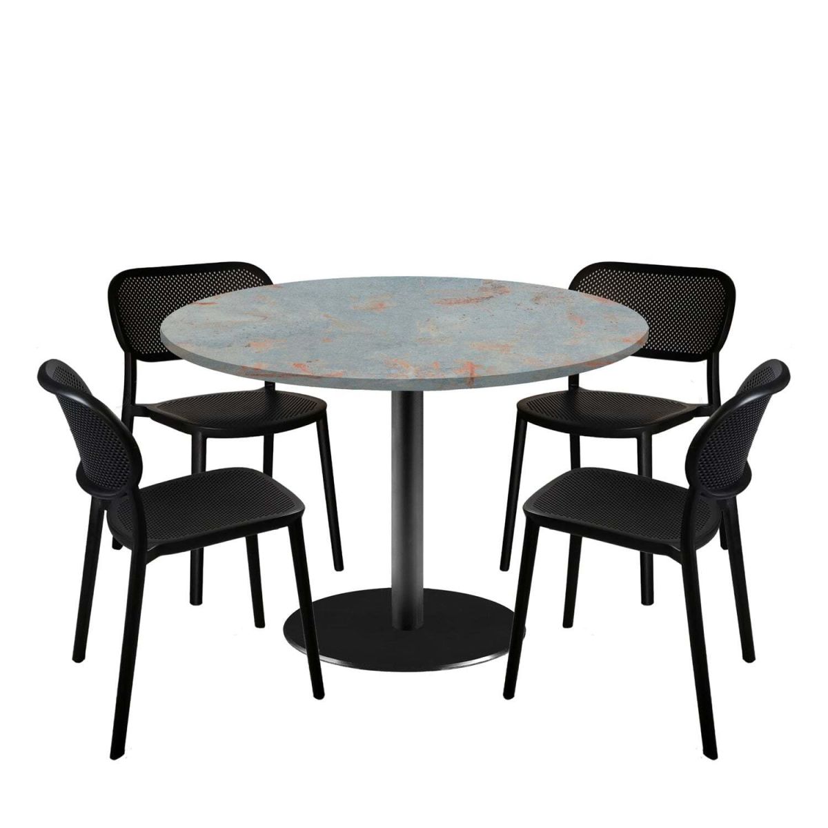 RestooTab Esstisch-Set Rome XL mit 4 Stühlen - Dekor Stein 120x120x75x120 cm (LxBxHxØ); metall verrostet/grau; Gestell schwarz; rund