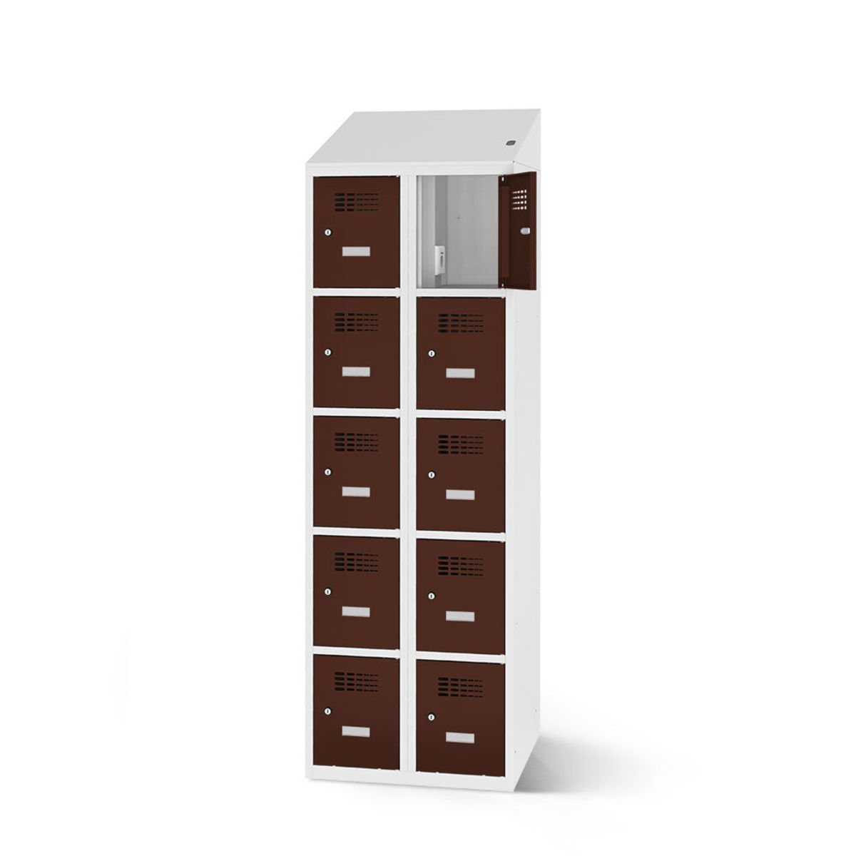 rotstahl Fächerschrank mit Ladefunktion 10 Fächer mit lichtgrauem Korpus 60x200 cm (BxH); mahagoni
