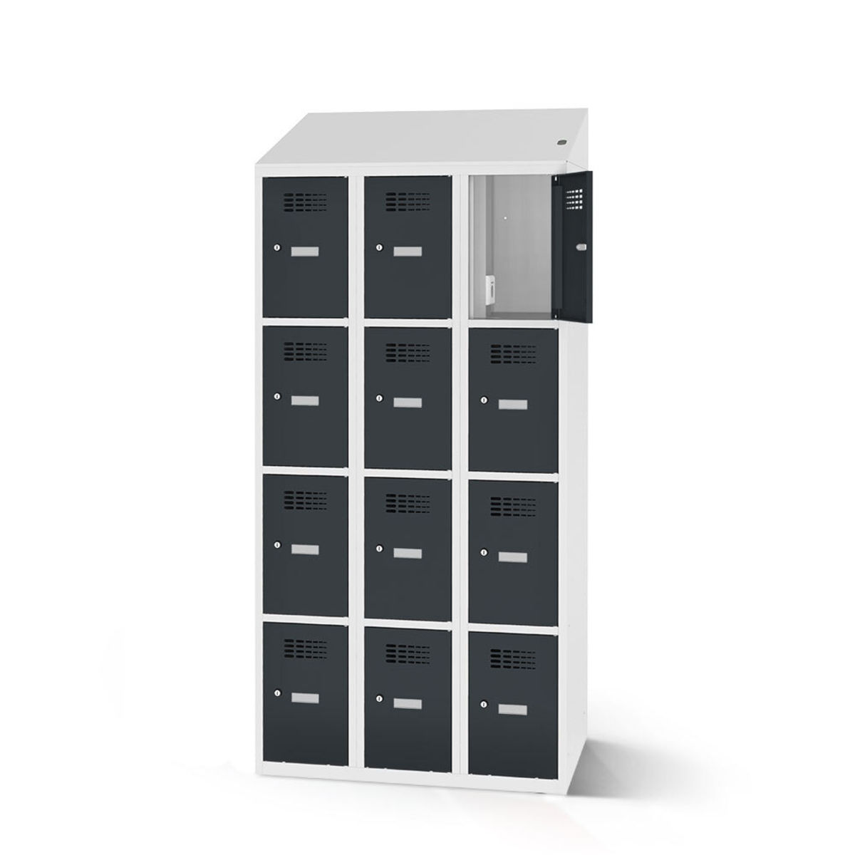 rotstahl Fächerschrank mit Ladefunktion 12 Fächer 3x4 mit lichtgrauem Korpus 120x200 cm (BxH); anthrazit