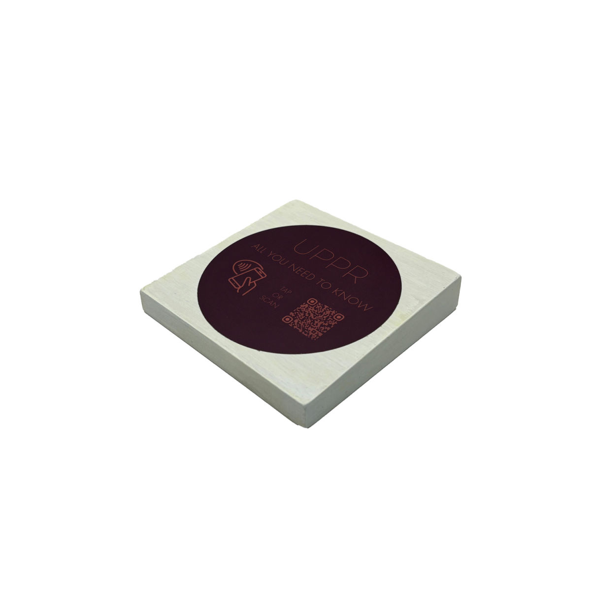 PRODUCTMATE Tischaufsteller liegend schräg mit QR-Code Aufkleber glänzend und NFC-Chip 8.5x8.5 cm (BxH); ahorn/weiß; 25 Stück / Pack