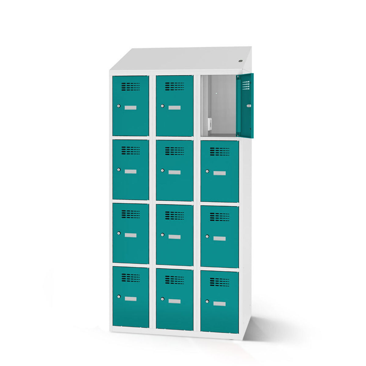rotstahl Fächerschrank mit Ladefunktion 12 Fächer 3x4 mit lichtgrauem Korpus 90x200 cm (BxH); türkis