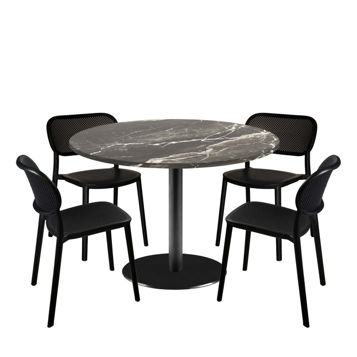 RestooTab Esstisch-Set Rome XL mit 4 Stühlen - Dekor Stein 120x120x75x120 cm (LxBxHxØ); schwarz/braun/marmoriert; Gestell schwarz; rund