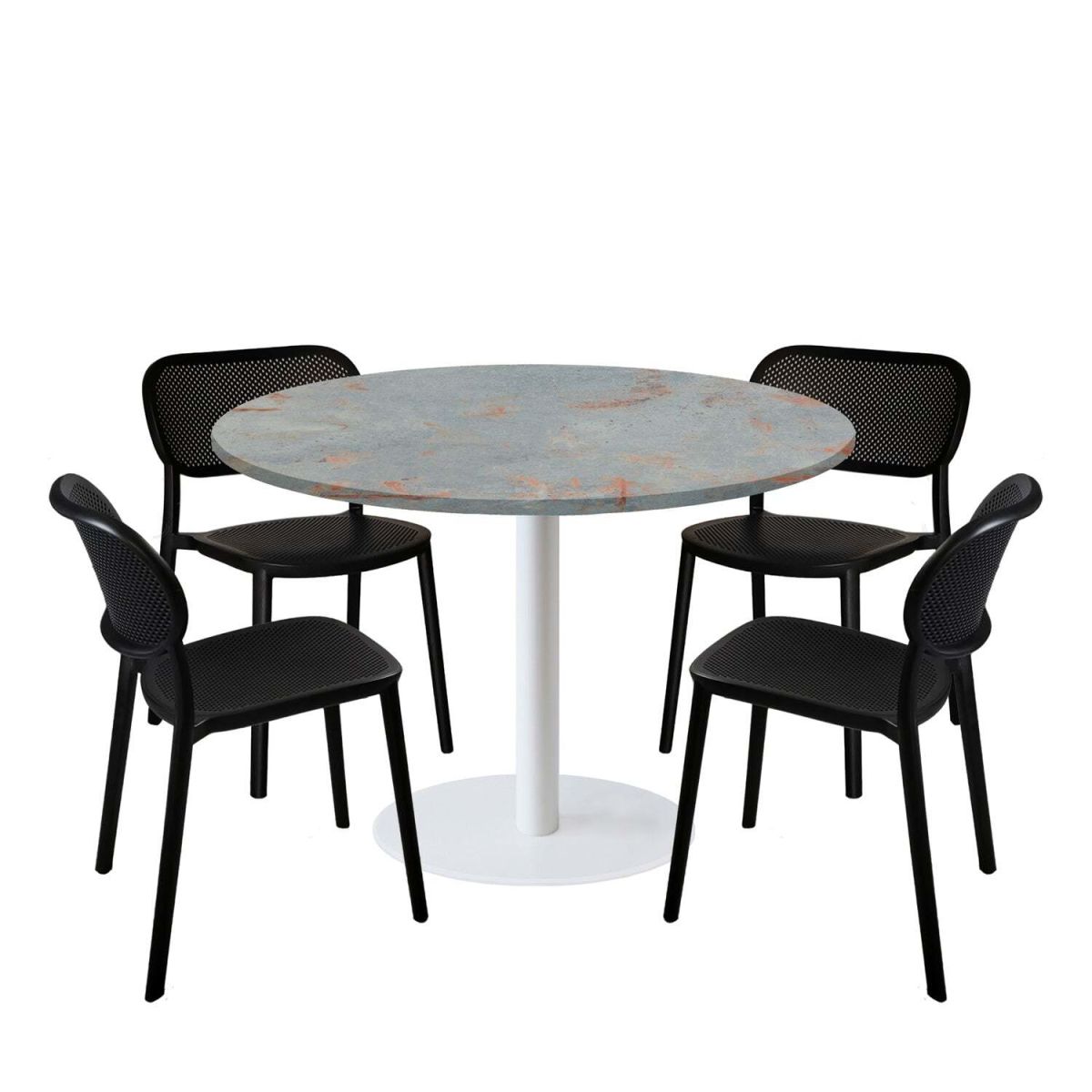 RestooTab Esstisch-Set Rome XL Gestell weiß mit 4 Stühlen - Dekor Stein 120x120x75x120 cm (LxBxHxØ); metall verrostet/grau; Gestell schwarz; rund