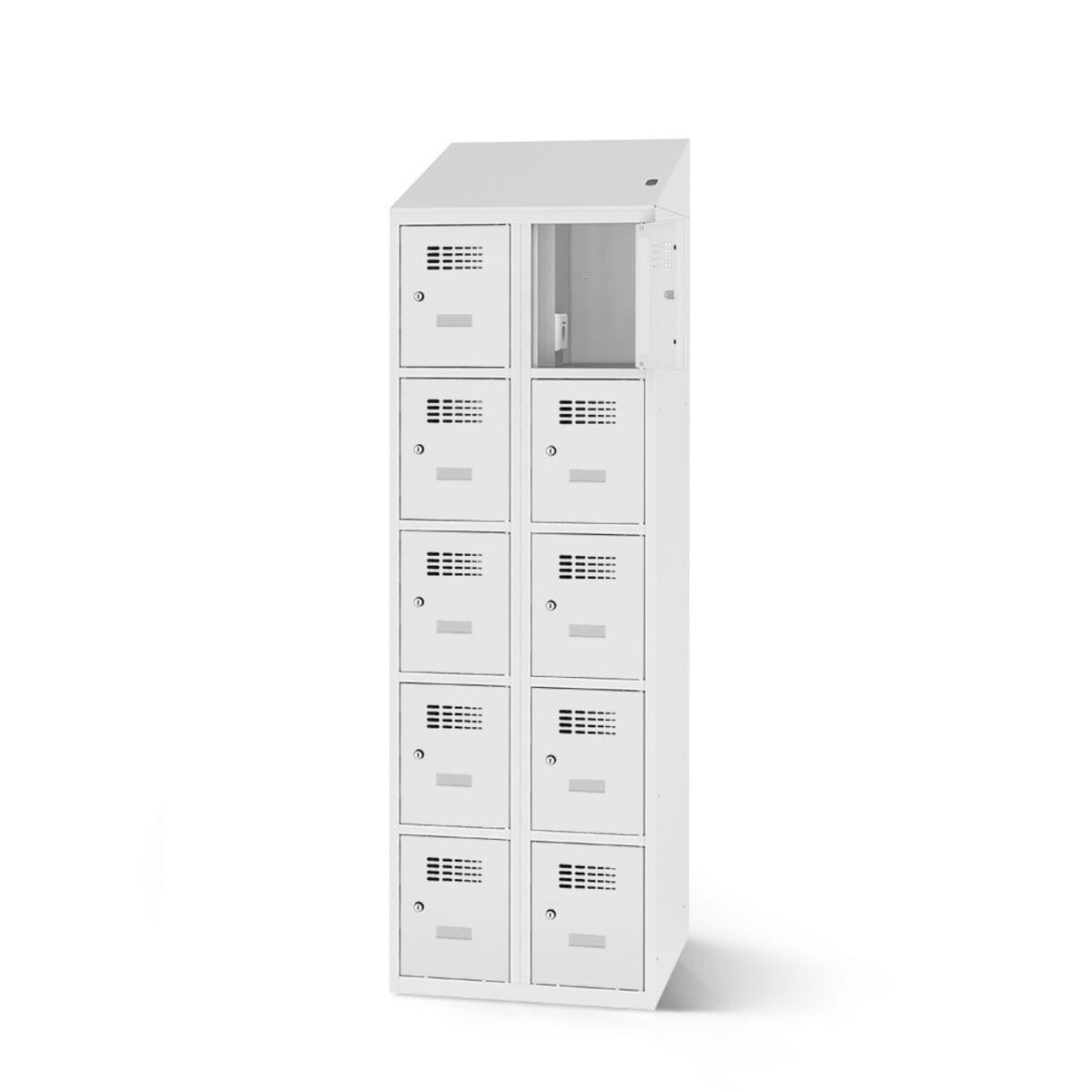 rotstahl Fächerschrank mit Ladefunktion 10 Fächer mit lichtgrauem Korpus 60x200 cm (BxH); hellgrau