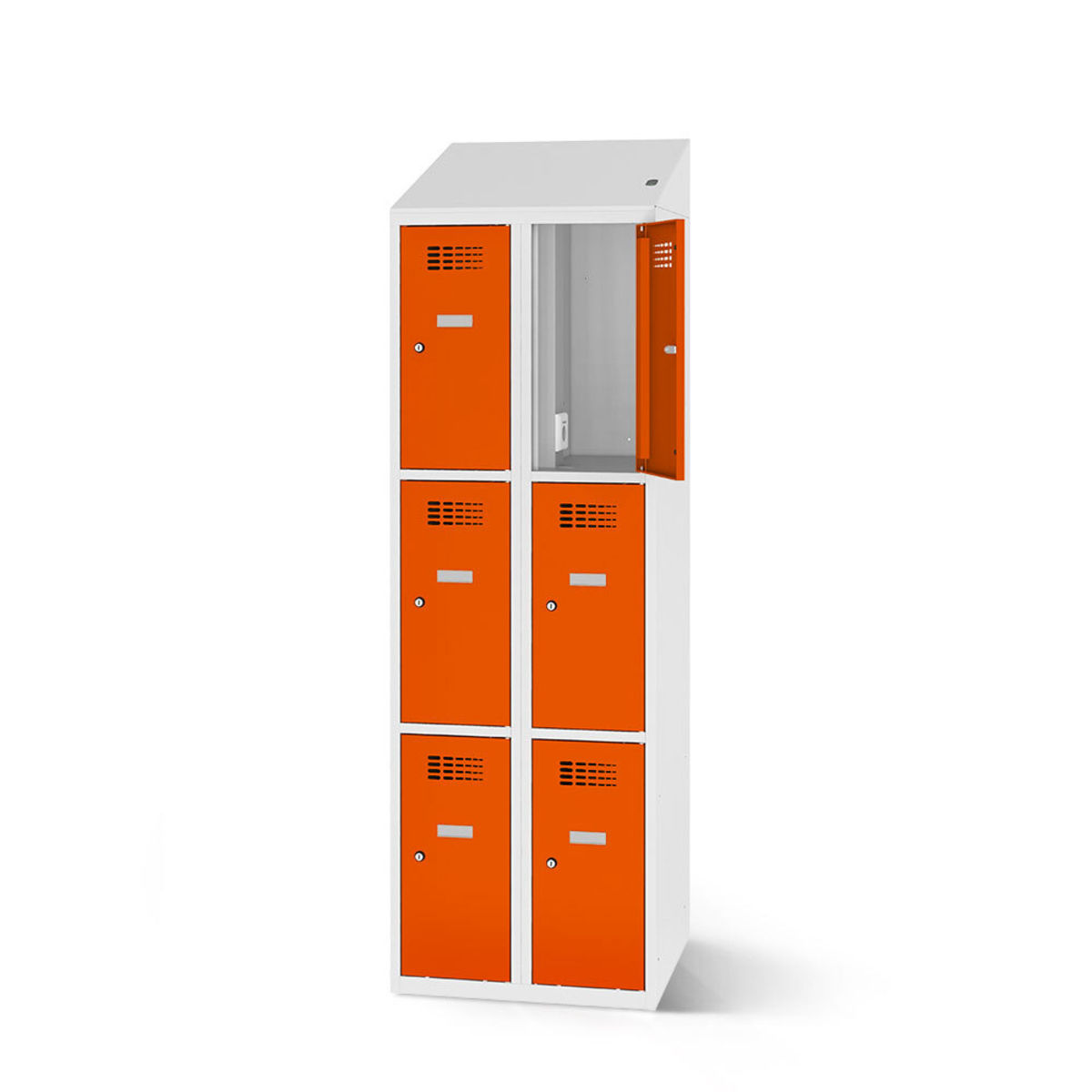 rotstahl Fächerschrank mit Ladefunktion 6 Fächer mit lichtgrauem Korpus 80x200 cm (BxH); orange